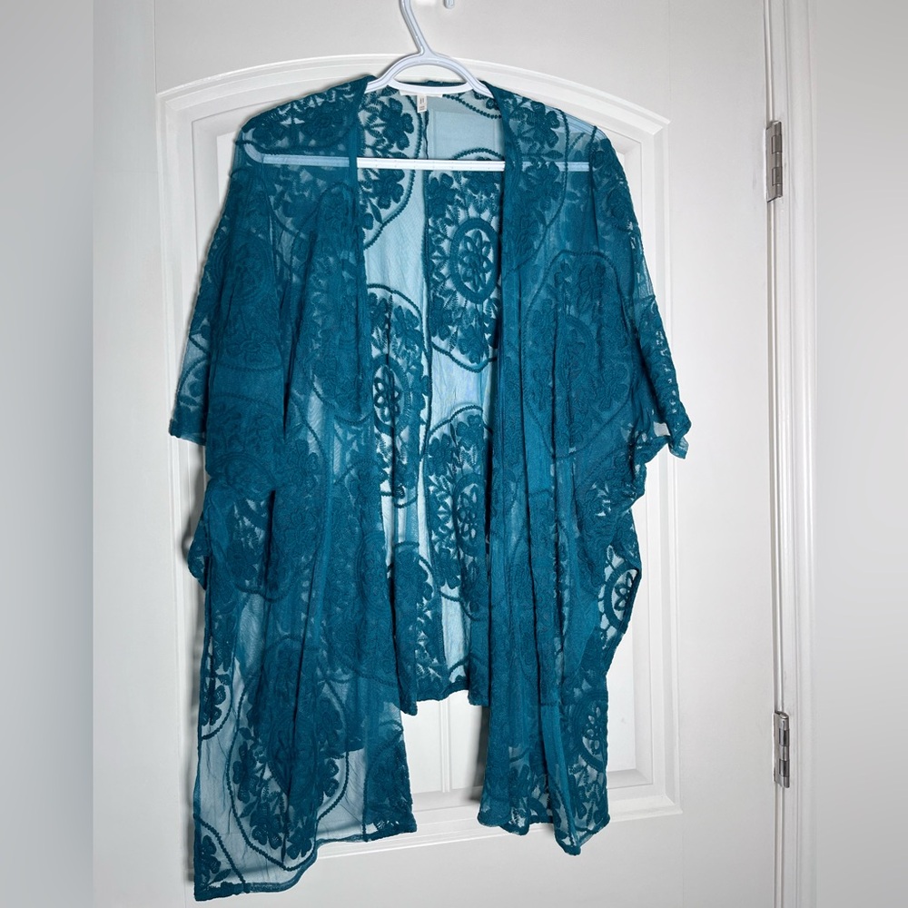 Maurices Teal Lace Sheer Kimono Cardigan